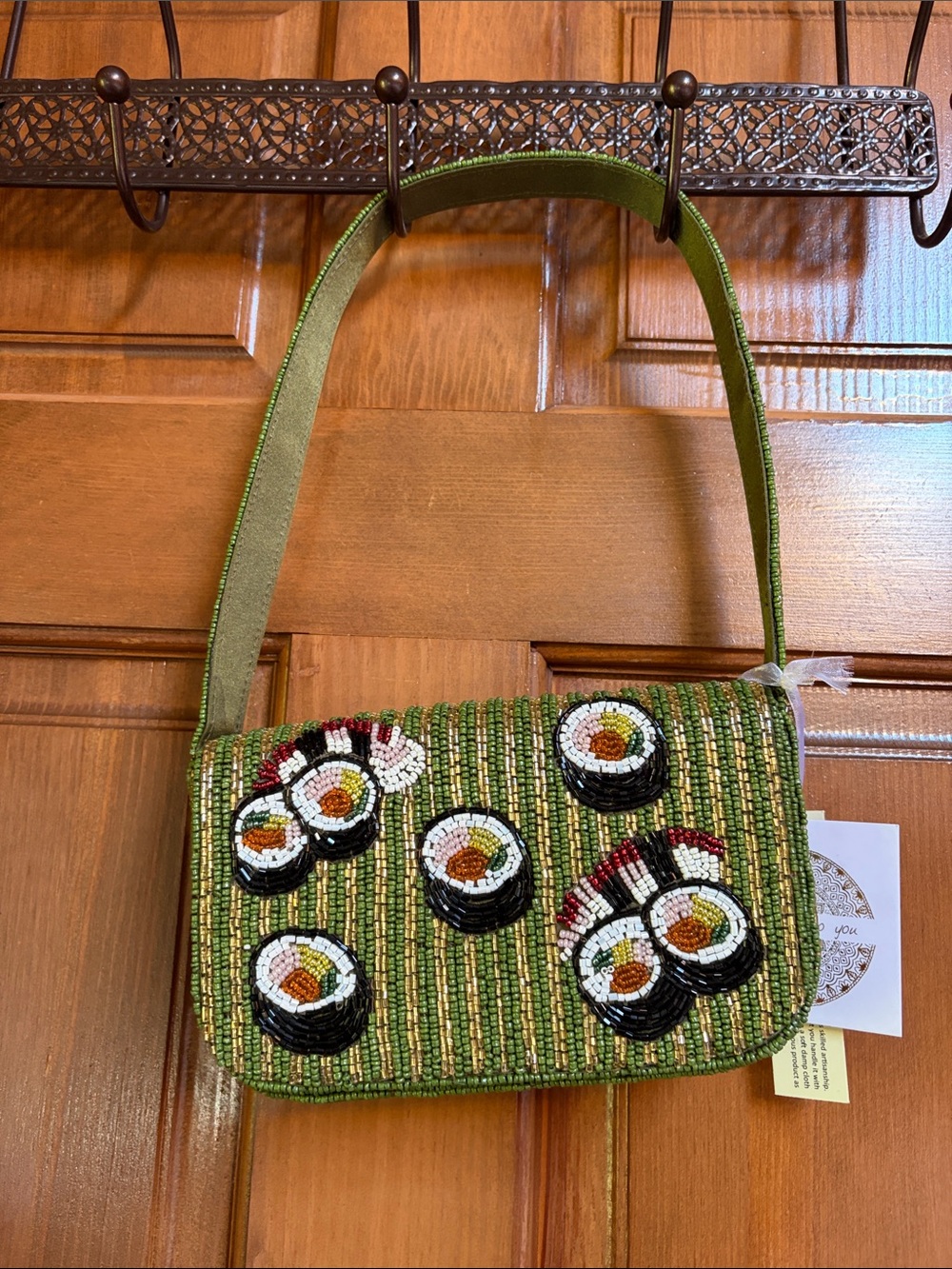 From India to you Green Beaded Sushi Motif Shoulder Bag